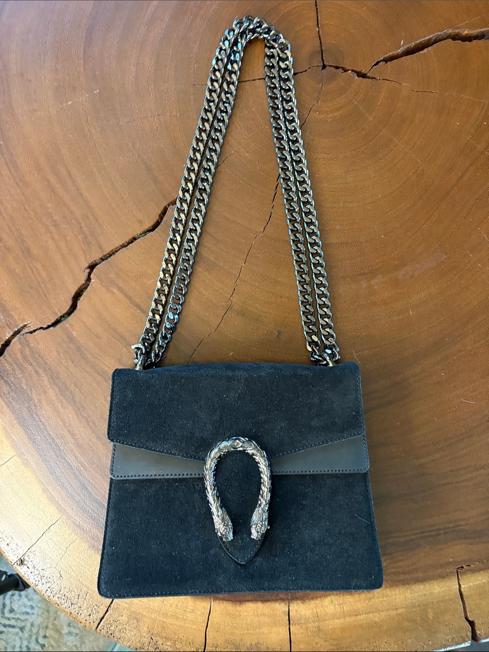 Italian Leather Black Suede Chain Shoulder Bag Horseshoe Hardware Made in Italy
